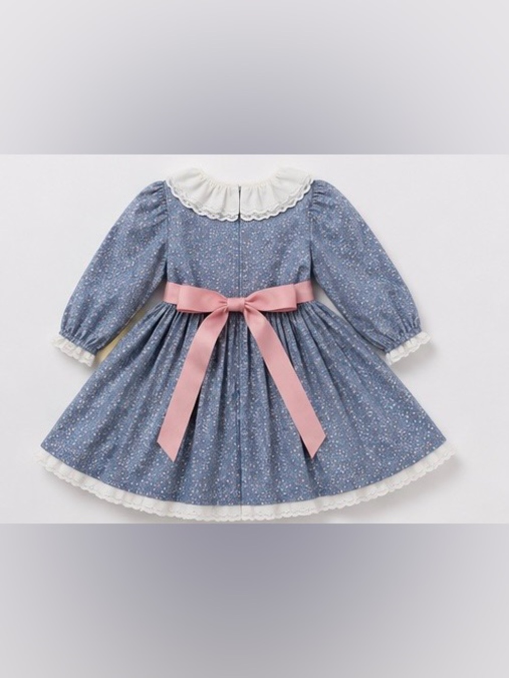 Blue Floral Long-Sleeve Dress with Pink Bow for Kids - Picture 3 of 4